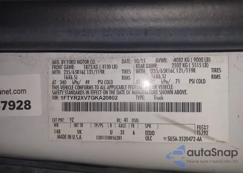 2016 Ford Transit-250 z USA, uszkodzony, nr VIN 1FTYR2XV7GKA20802